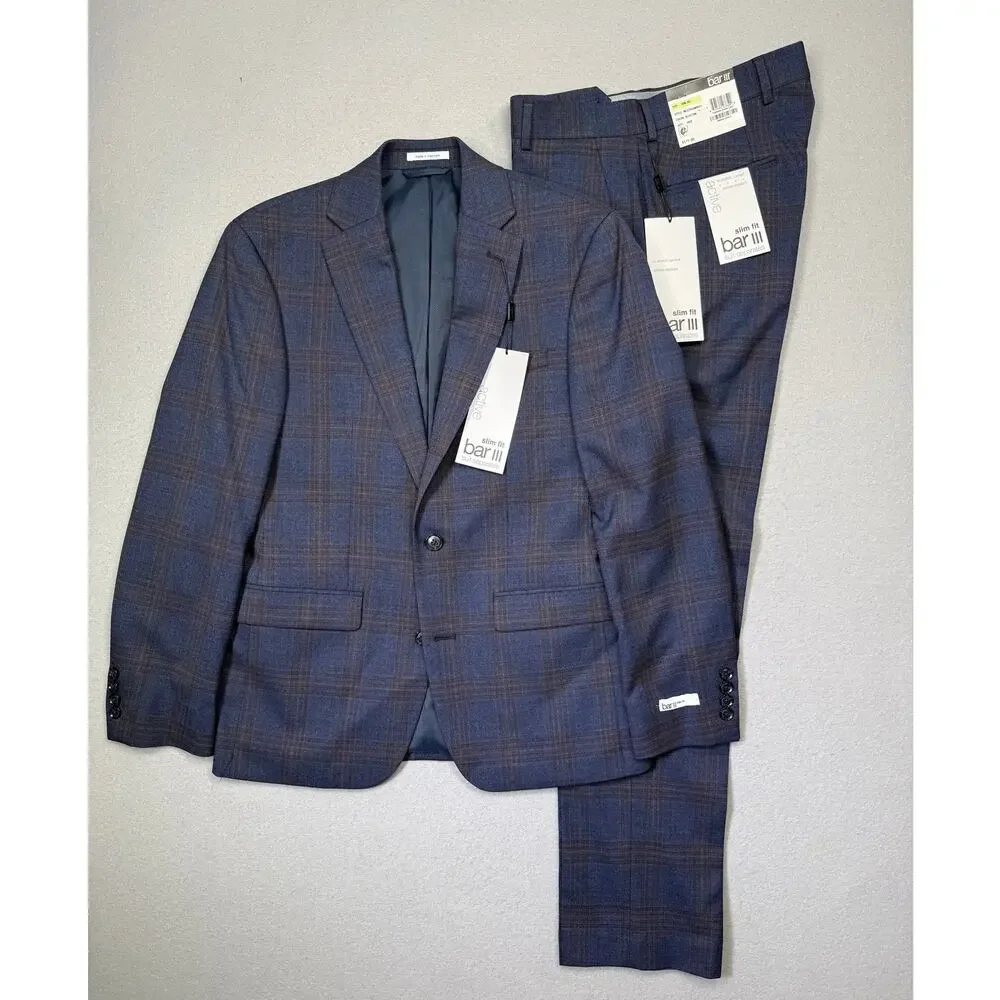 Bar III Men's Slim-Fit Wool Blend Suit Navy Plaid 36S- 30x30 $600